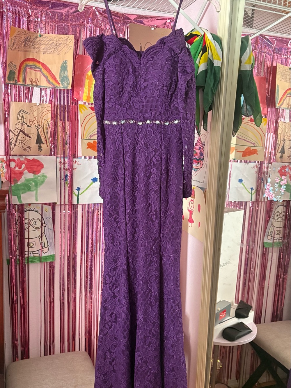 Long Sleeve Purple Lace Evening Dress with Beaded Waist